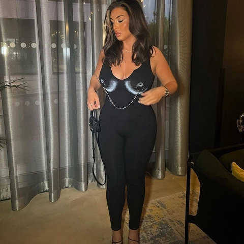 Sexy Ärmelloser Damen Jumpsuit Enger Polyester Bodycon Bodysuit Mit Brustketten Druck Kreative Neuheit Streetwear Schwarz
