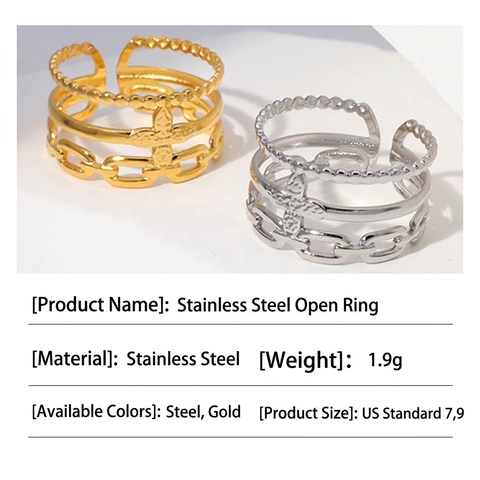 Anillo Abierto Ajustable De Varias Capas De Acero Inoxidable Para Mujer Bohemio Cadena Cuenta Cruz Estrella Joyería Minimalista