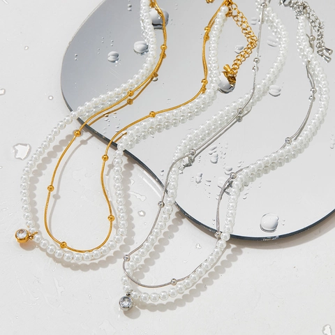 Collana E Bracciale Doppio Strato In Acciaio Inossidabile Künstliche Perle Bianche Zirconia Ciondolo Rotondo Gioielli