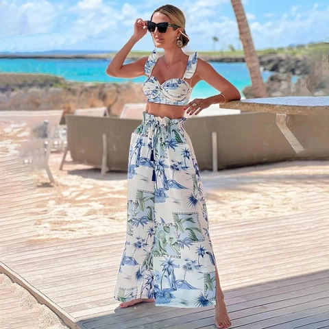 Costume Da Bagno Con Stampa Tropicale Con Top A Volant Fondo A Vita Alta E Pantaloni A Gamba Larga Per Donna Vacanze