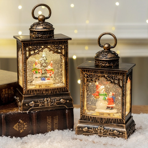 Linterna De Navidad Bola De Nieve LED Bronce Vintage Purpurina Muñeco De Nieve Decoración Escritorio Adorno Fiesta