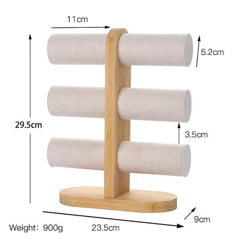 Tiered Bamboo Jewelry Display Stand For Bracelets And Watches T-Bar Organizer With Velvet Leather Surface Desktop Holder