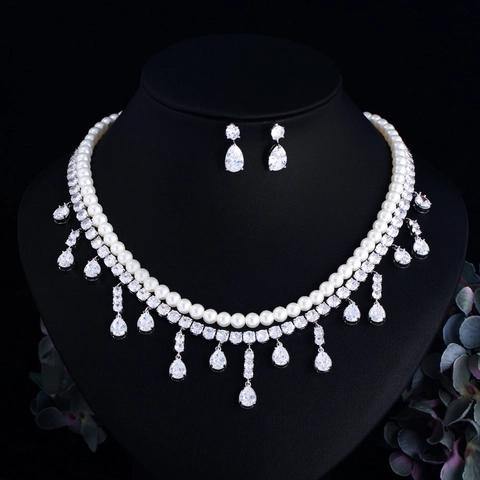 Conjunto De Joyas De Collar De Doble Capa Y Pendientes Cobre Circón Colgante Gota De Agua Perla Artificial Novia Boda Para Mujer