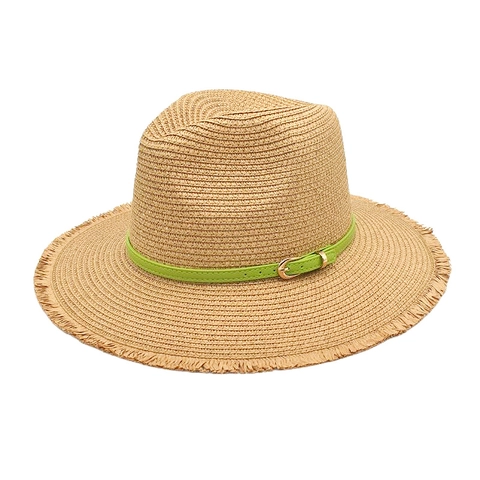 Chapeau Fedora En Paille Large Bord Protection Solaire Été Plage Panama Style Jazz Respirant Bord Effiloché Ceinture Verte