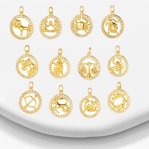 Zodiac Constellation Charms For Jewelry Making Round Hollow Copper Pendants With Cubic Zirconia Astrology DIY Accessories