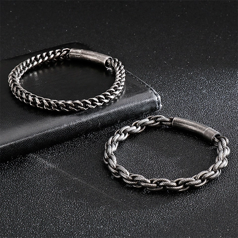 Herren Vintage 316L Edelstahl Armband Distressed Retro Geflochtene Kubanische Kette Maskuliner Industrieschmuck Zylinderverschluss