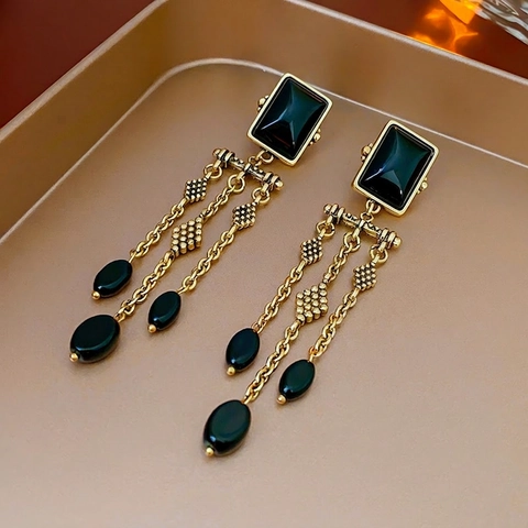 Vintage Long Tassel Drop Earrings Black Square Ceramic Alloy Retro Elegant Jewelry With 925 Sterling Silver Earring Post