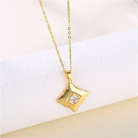 Stainless Steel Necklace With Square Zircon Pendant Geometric Clavicle Chain For Women Fashion Shiny Jewelry