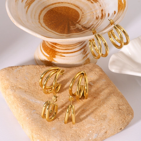 C Shape Hoop Earrings 18K Gold Plated Stainless Steel Hollow Layered Chunky Geometric Jewelry For Women