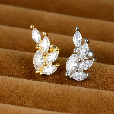 Minimalist Stainless Steel Leaf Zirconia Stud Earrings For Women Piercing Jewelry Simple Screw Back Ear Bone Stud Earrings