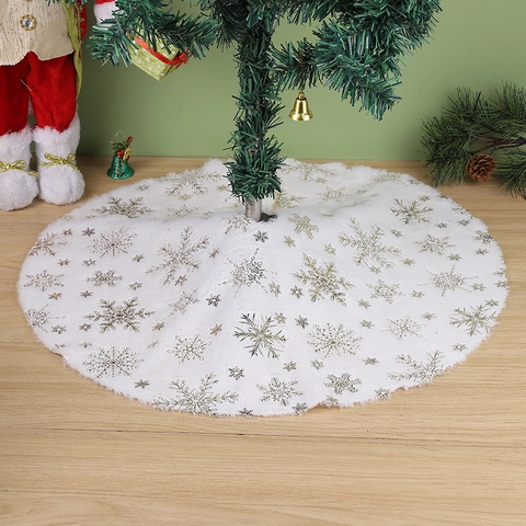 Christmas Tree Skirt White Plush Faux Fur Gold Silver Snowflake Sequin Holiday Decor Base Cover