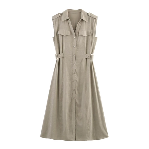Women Sleeveless Shirt Midi Dress Utility Style Lapel Single Breasted Slim Fit Waist Adjustable Buckles Polyester Linen Blend