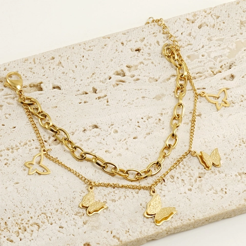 Bracelet Double Chaîne À Pendentif Papillon En Acier Inoxydable Plaqué Or 18K Bijou Mat Et Ajouré Élégant Pour Femme