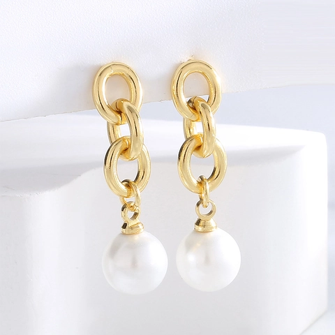 Boucles D'oreilles Pendantes Künstliche Perle À Triple Anneau Géométrique Pour Femmes Laiton Plaqué Or 18K Avec Tige En Argent 925