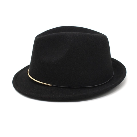 Elegant Fedora Hat Woolen Felt Jazz Cap With Gold Metal Buckle Retro Wide Brim Unisex Fashion Autumn Winter