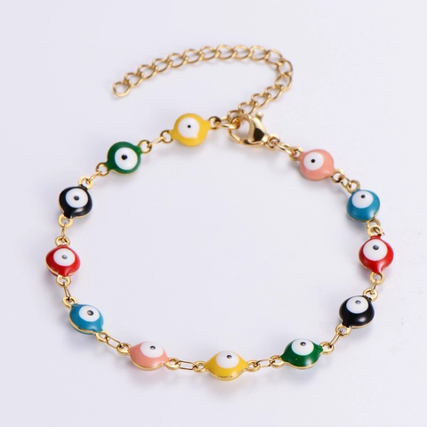 Evil Eye Armband 18K Vergoldeter Edelstahl Und Emaille Runde Perlen Verstellbare Kette Türkischer Ethno Schmuck Damen