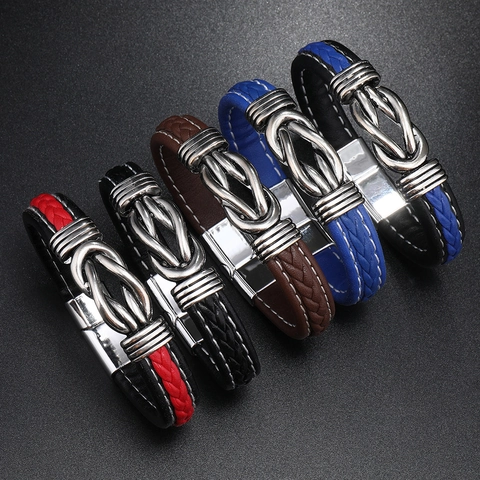 Men Woven Leather Bracelet With Alloy Infinity Knot And Magnetic Clasp Fashion Casual Jewelry