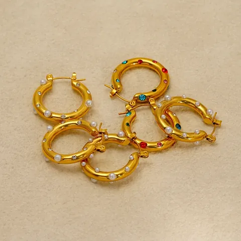 Pendientes De Aro De Acero Inoxidable Bañados En Oro De 18k Con Perlas Artificiales Y Circonitas De Colores Estilo Vintage Para Mujer