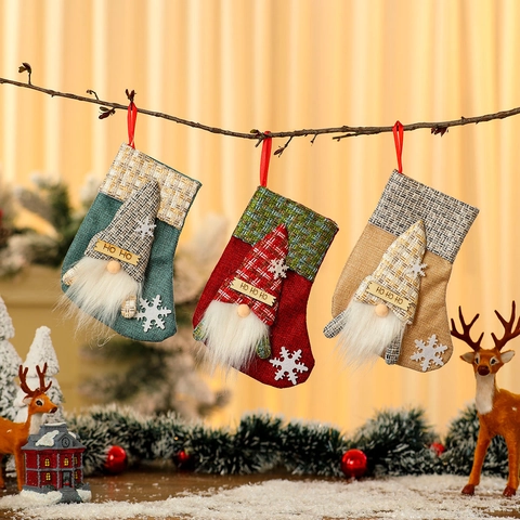 Rustic Christmas Stocking Burlap Linen Plaid Faceless Gnome Decoration Snowflake Festive Hanging Candy Gift Bag