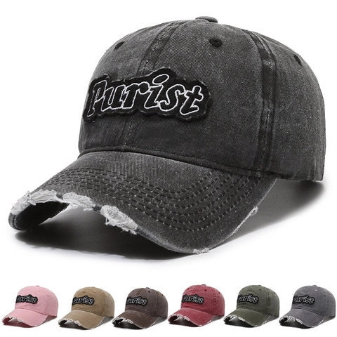 Vintage Washed Cotton Baseball Cap Distressed Ripped Brim Retro Streetwear Purist Letter Embroidery Hat For Men Women