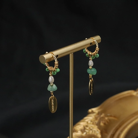 Handmade 925 Sterling Silver Freshwater Pearl Drop Earrings For Women Green Natural Stone Vintage Gold Plated Jewelry