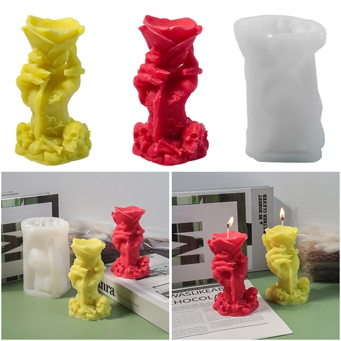Gothic Rose Skeleton Hand Silicone Mold For DIY Scented Candle Plaster Casting Halloween Ghost Hand Flower Skull Design