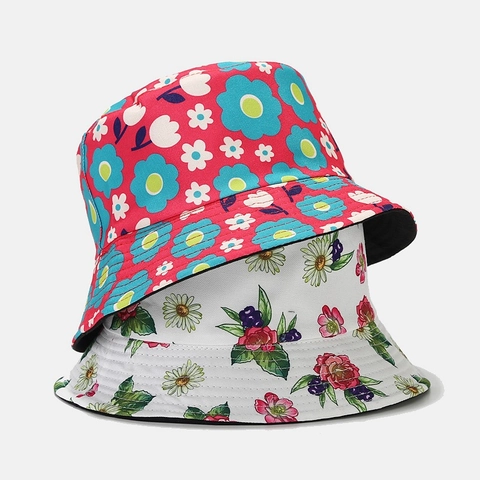 Omkeerbare Bloemenprint Vissershoed Katoen Polyester Canvas Zonbescherming Buiten Strand Reizen Fris Geruit Geborduurd