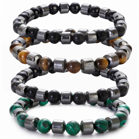 Natural Stone Beaded Bracelet Tiger Eye Lava Rock Hematite Malachite Jasper Elastic Strand Fashion Jewelry Men