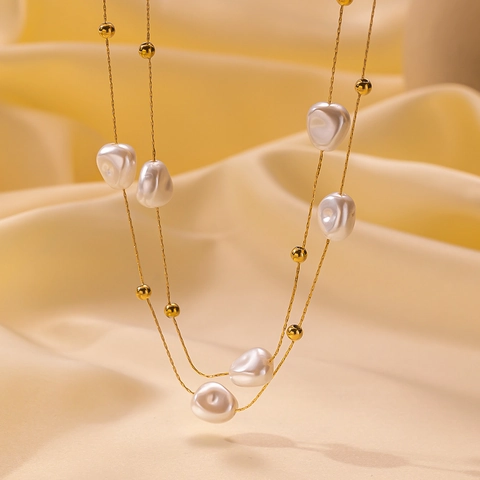 French Artificial Baroque Pearl Double Layer Necklace Stainless Steel Gold Plated Bead Chain Minimalist Retro Jewelry For Women