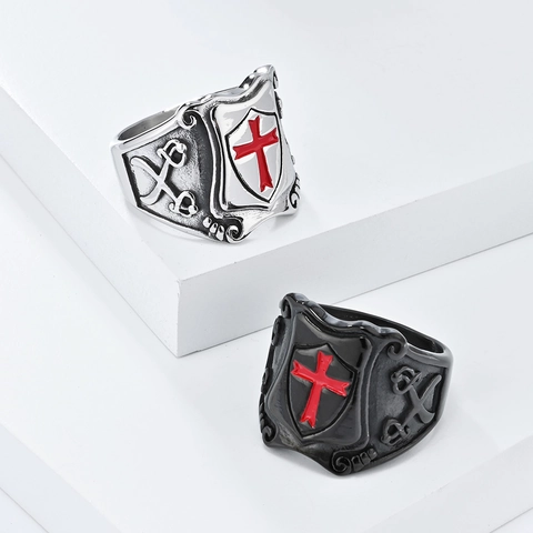Anello Scudo Crociato Da Uomo In Acciaio Inossidabile Croce Rossa Cavaliere Vintage Gioielli Punk