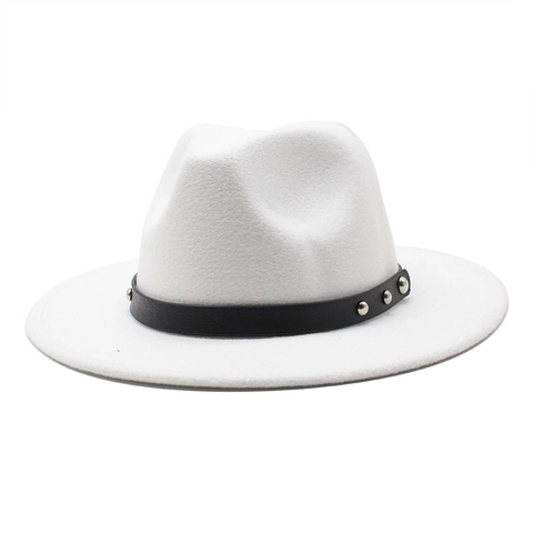 Sombrero Fedora De Ala Ancha Algodón Poliéster Fieltro Con Banda De Cuero Y Remaches Plateados Estilo Jazz