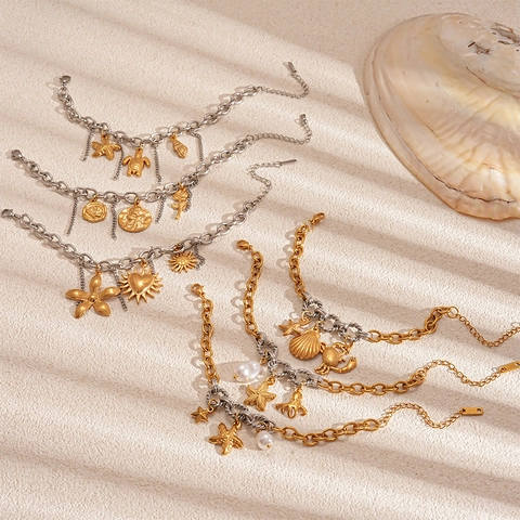 Pulsera De Dijes Tema Océano Acero Inoxidable Estrella De Mar Tortuga Pulpo Concha Perla Artificial Bicolor Oro Plata Vacaciones Playa Vintage Mujeres