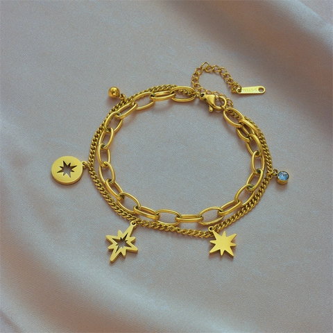 Mehrlagiges Edelstahlarmband Mit Sternanhängern Und Zirkon Damen Vintage Goldkette Schmuck