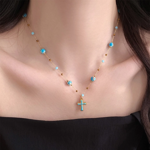 Cross Pendant Necklace Stainless Steel Beaded Stone Holiday Style Fresh Sweet Clavicle Chain For Women Jewelry