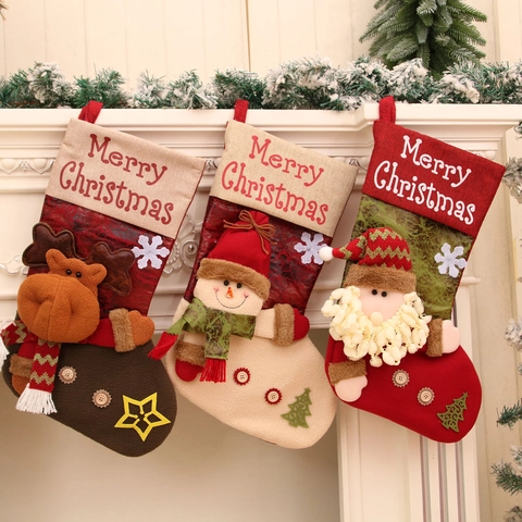 Calza Di Natale Tessuto Lino Peluche Bambola 3D Babbo Natale Pupazzo Di Neve Renna Ricamo Decorazione Camino