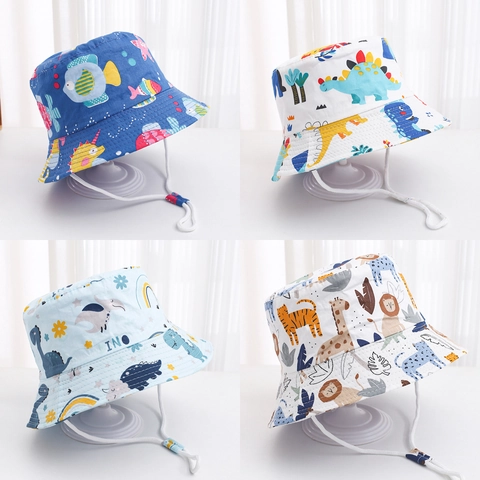 Kids Bucket Hat Cotton Cartoon Dinosaur Animal Print Sun Protection Sun Hat With Adjustable Windproof String For Toddler