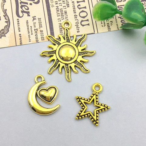 Dijes de Aleación Oro Envejecido Vintage Sol Luna Estrella Cara Colgantes Para DIY Collar Pulsera Pendientes Joyería
