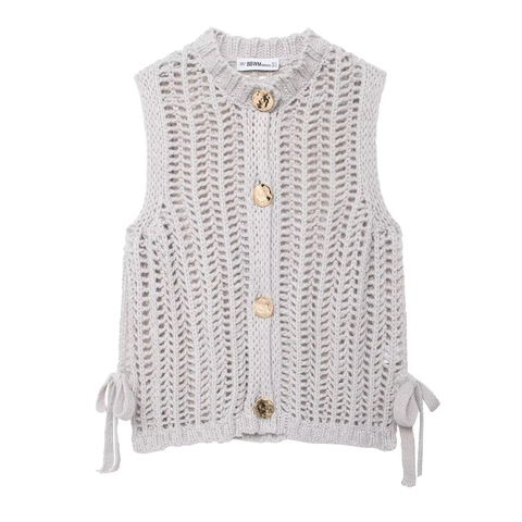 Women Chunky Open Knit Sweater Vest Sleeveless Round Neck Gold Buttons Side Tie Casual Retro Style Solid Color Polyester