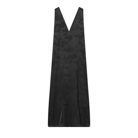 Abito Lungo da Donna Sexy Scollo a V Profondo Senza Maniche Jacquard Elegante Trama di Raso Spacco Vita Alta Nero Vestito da Sera