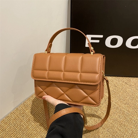 Women Quilted Rhombus Handbag PU Leather Small Square Crossbody Bag With Top Handle Golden Hardware Trendy Versatile