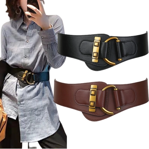 Cintura Larga Vita Donna Similpelle Elastica Estensibile Fibbia Metallo Anello D Dorato Vintage Accessorio Moda Versatile
