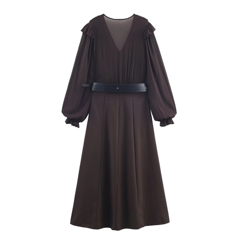 Langarm Maxi Kleid Polyester Chiffon Tiefem V Ausschnitt Rüschen Elegant Einfarbig Braun Mit Schwarzem Ledergürtel