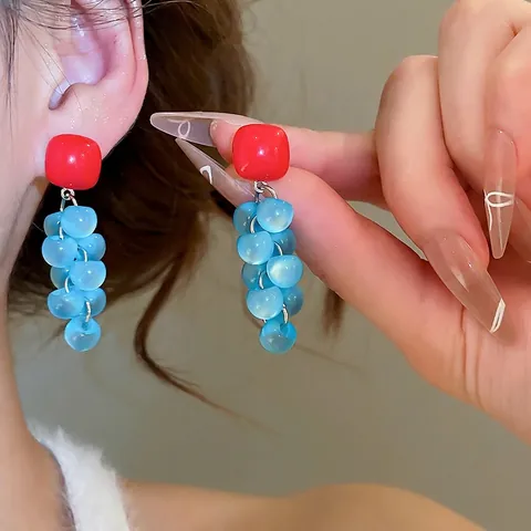 Resin Square Grape Cluster Dangle Earrings With 925 Sterling Silver Earring Post Translucent Red Blue Contrast Color