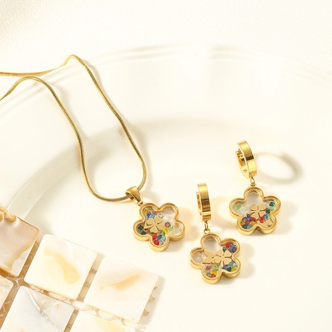Gioielli In Acciaio Inossidabile Placcato Oro Collana E Orecchini Malocchio Fiore Pendente Trasparente Per Donne