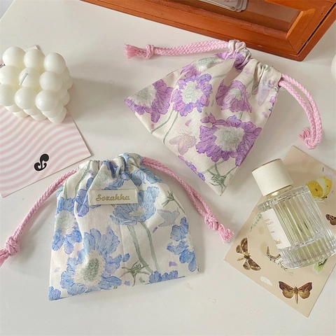 Floral Drawstring Storage Bag Polyester Fabric Small Pouch For Makeup Lipstick Sundries Travel Organizer