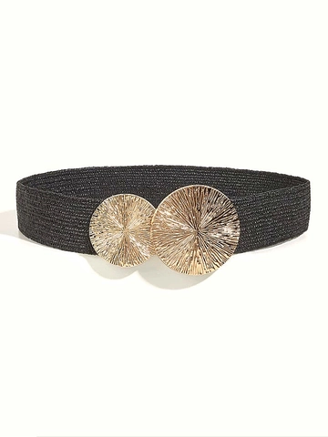 Women Woven Corset Belt Dual Gold Round Buckle Elastic Wide Waistband For Dresses Boho Elegant Fashion Accessory