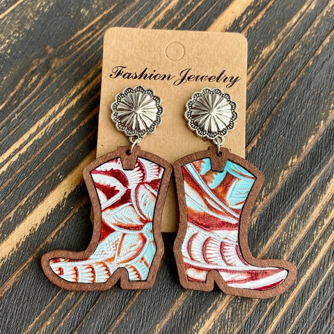 Western Cowboy Boot Drop Earrings Wood Frame Genuine Leather Inlay Alloy Copper Post Retro Bohemian Style Women