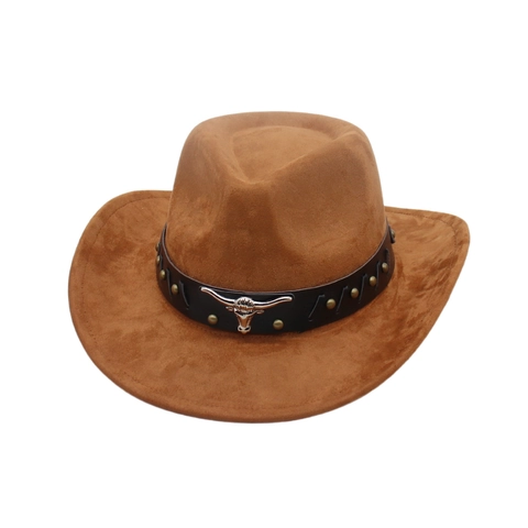 Western Cowboyhut Wildlederimitat Breite Krempe Mit Stierkopf Metallemblem Lederband Nieten Retro Ethno Stil
