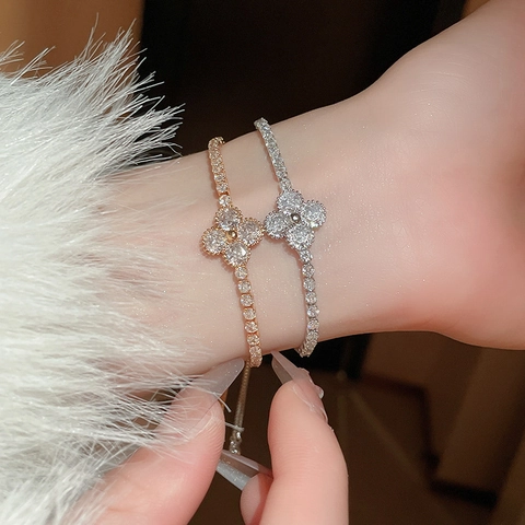 Elegant Four Leaf Clover Flower Bracelet Copper Zircon Adjustable Drawstring Luxury Jewelry Gift For Women Girls