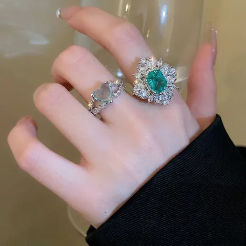 Zirkon Herz Und Smaragdschliff Grüne Edelstein Offene Ringe Verstellbar Mode Eleganter Schmuck Accessoire Für Frauen